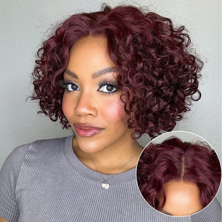 Trendy Burgundy Curly Bob Glueless Minimalist HD Lace T Part 99J Hair Color Wig 100% Human Hair