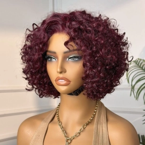 Trendy Burgundy Curly Bob Glueless Minimalist HD Lace T Part 99J Hair Color Wig 100% Human Hair