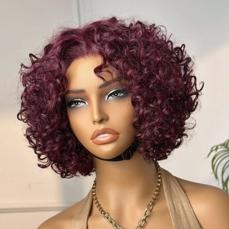 Trendy Burgundy Curly Bob Glueless Minimalist HD Lace T Part 99J Hair Color Wig 100% Human Hair