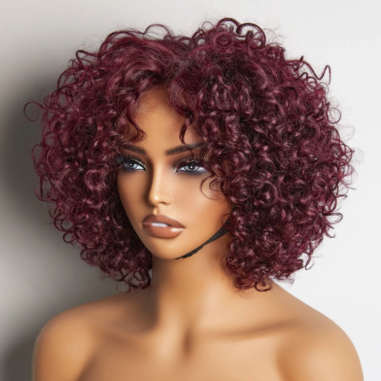 Trendy Burgundy Curly Bob Glueless Minimalist Lace T Part Wig 100% Human Hair - 99J™
