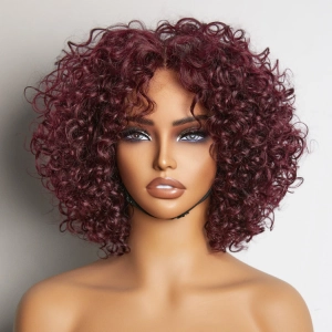 Trendy Burgundy Curly Bob Glueless Minimalist Lace T Part Wig 100% Human Hair - 99J™