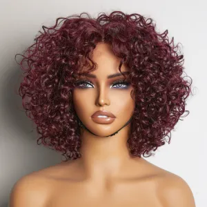 Trendy Burgundy Curly Bob Glueless Minimalist Lace T Part Wig 100% Human Hair - 99J™