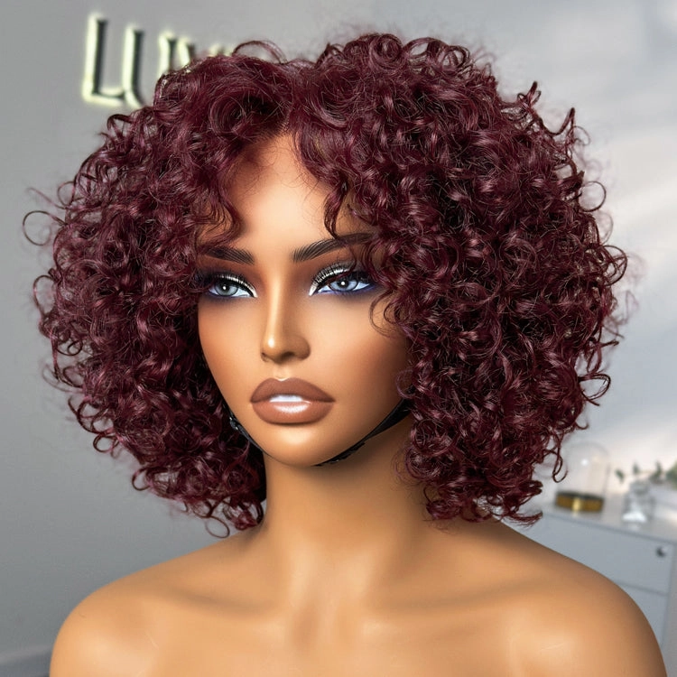 Trendy Burgundy Curly Bob Glueless Minimalist Lace T Part Wig 100% Human Hair - 99J™