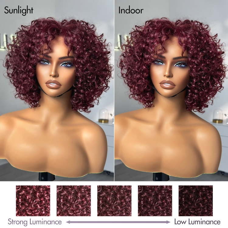 Trendy Burgundy Curly Bob Glueless Minimalist Lace T Part Wig 100% Human Hair - 99J™