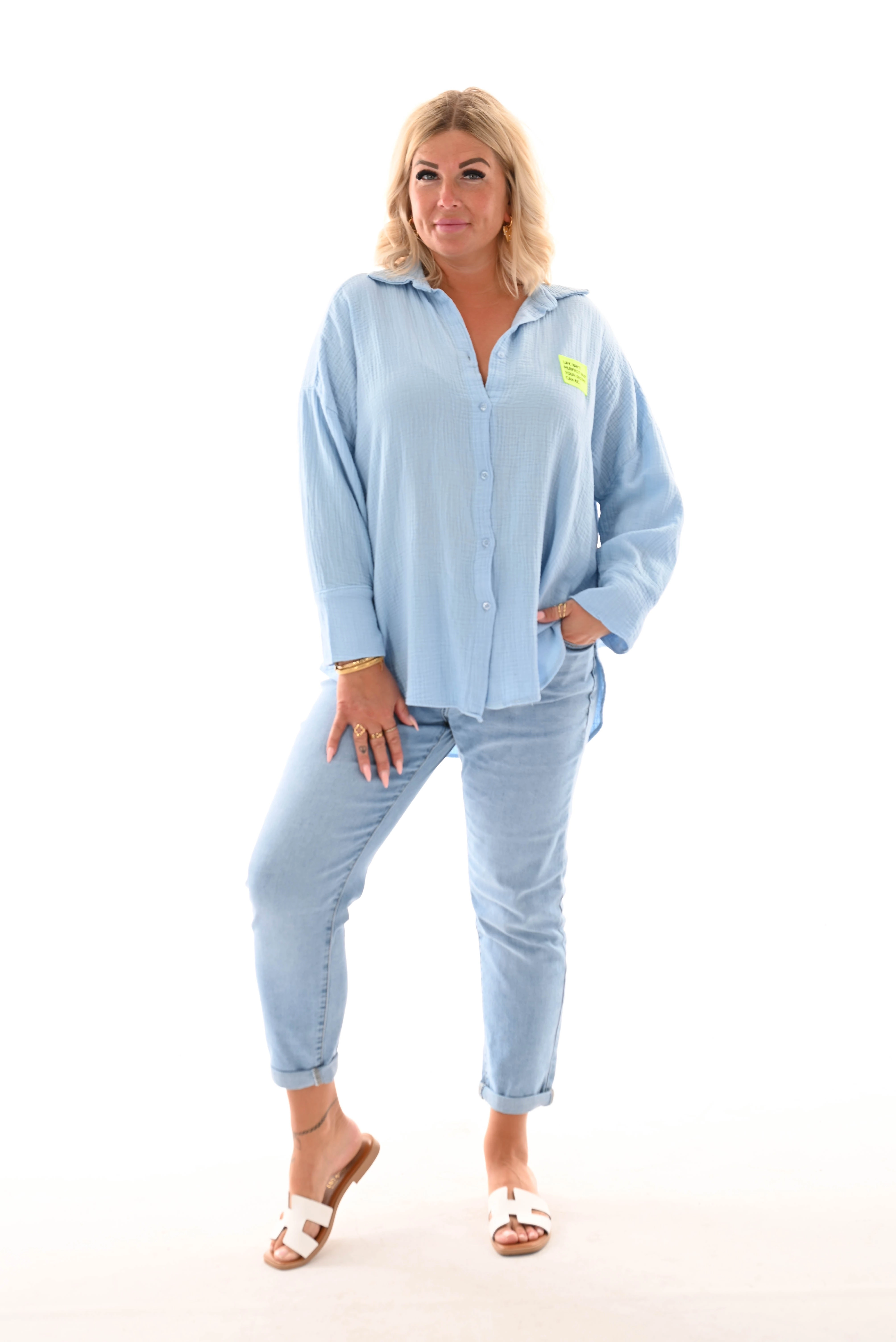 Wafel blouse v-hals applicatie blauw