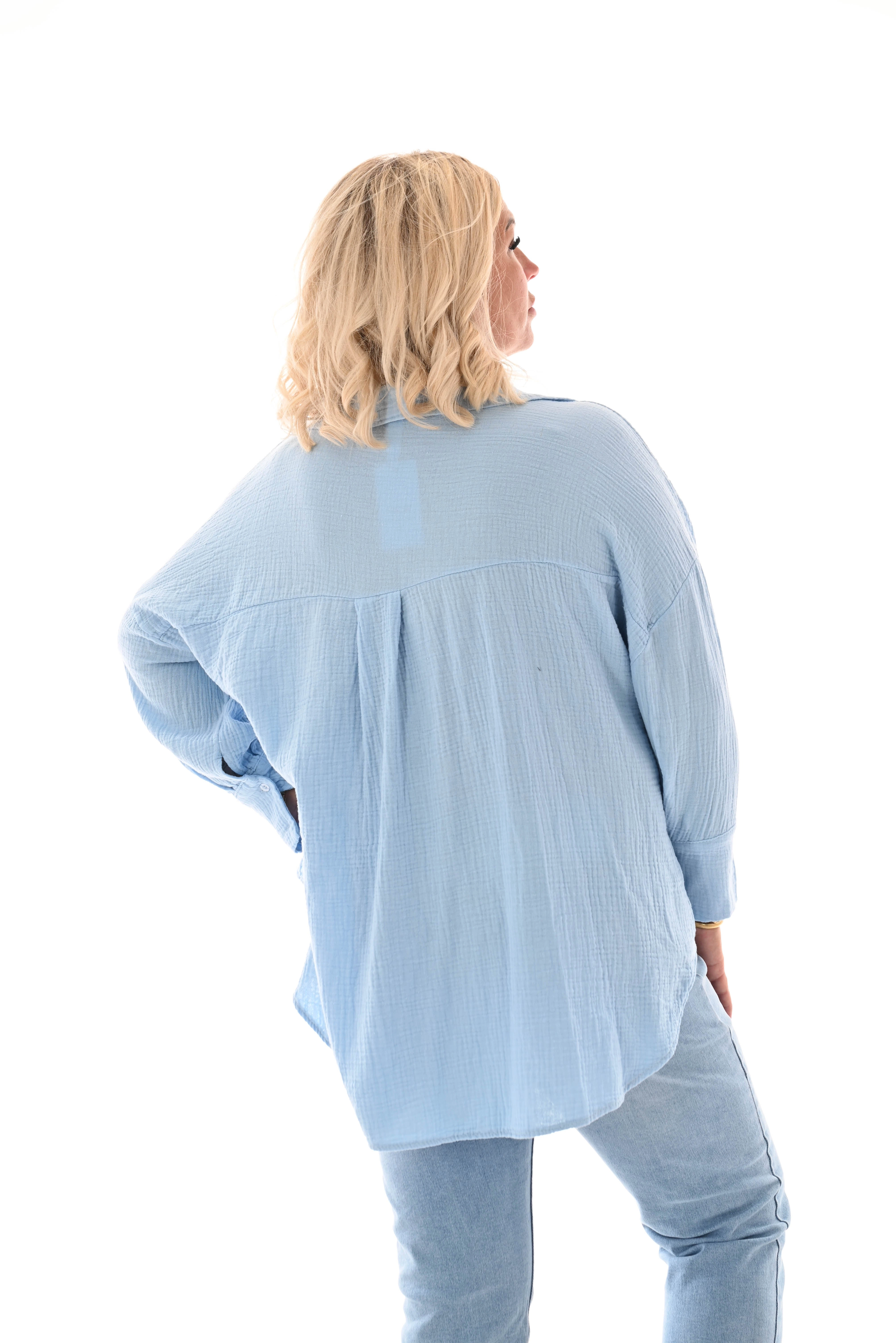 Wafel blouse v-hals applicatie blauw