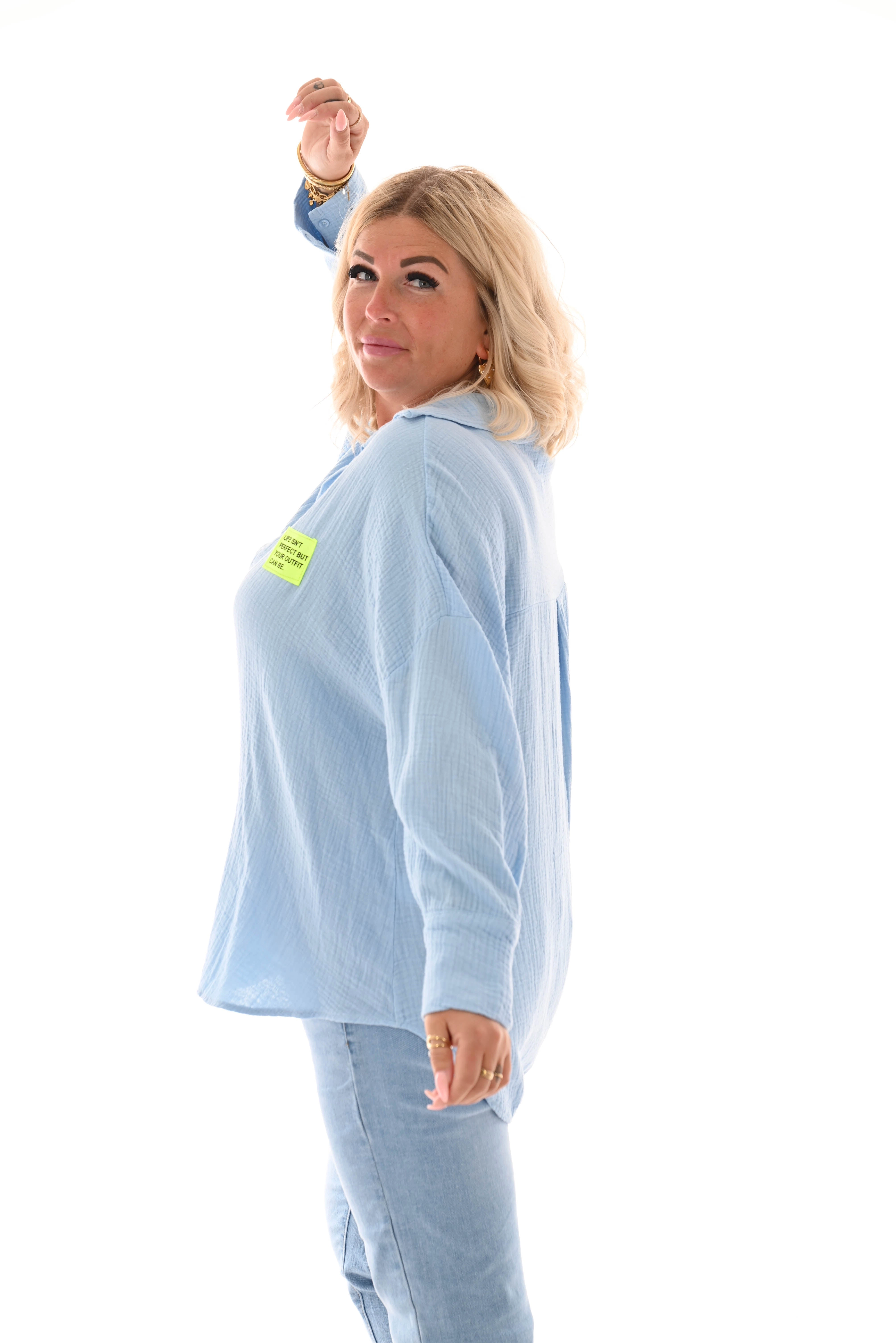 Wafel blouse v-hals applicatie blauw