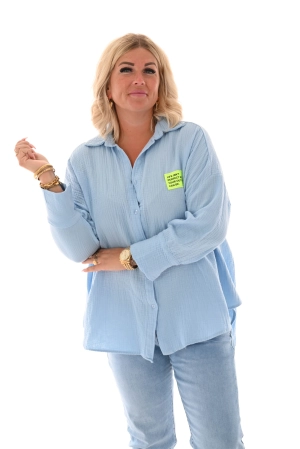 Wafel blouse v-hals applicatie blauw