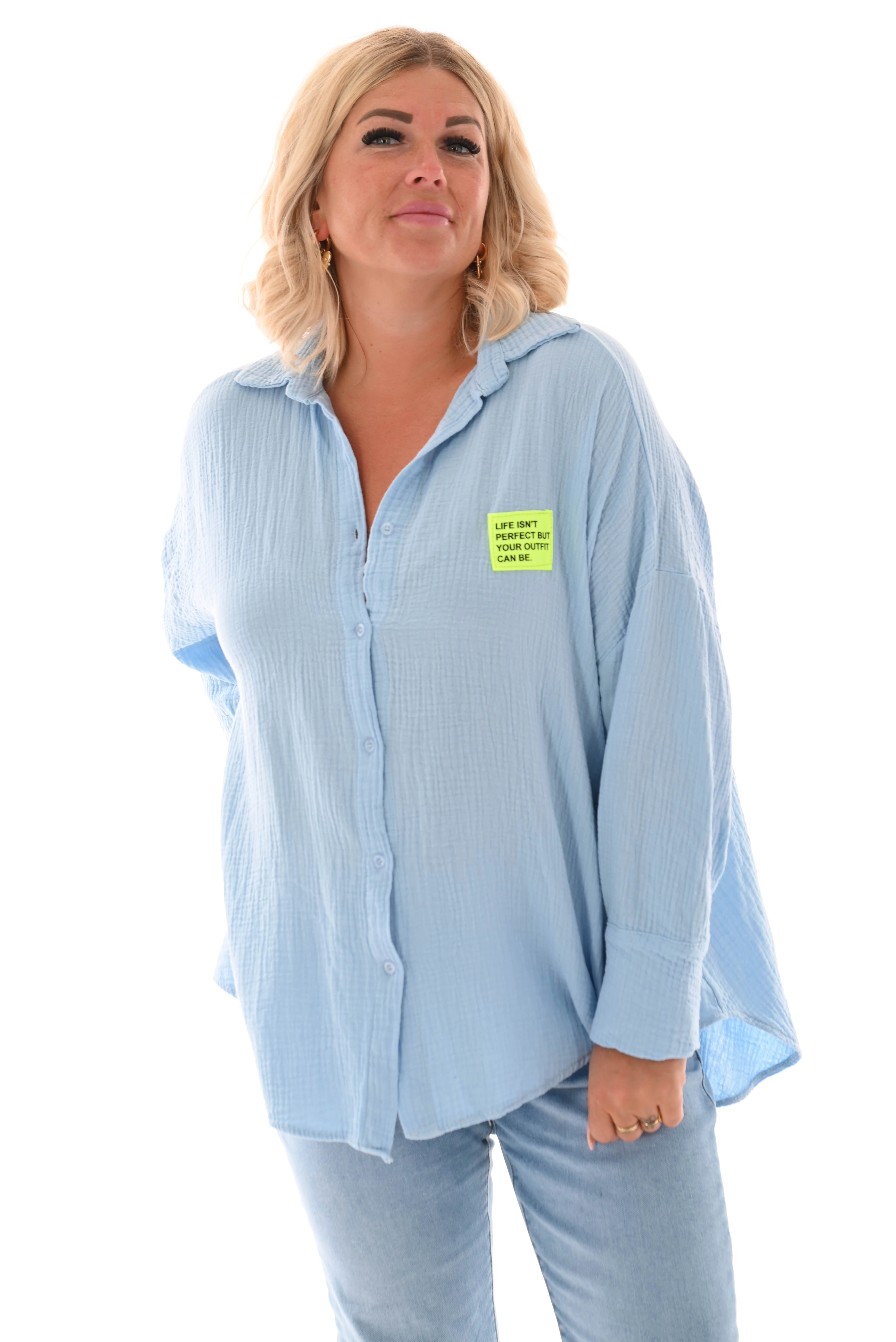 Wafel blouse v-hals applicatie blauw