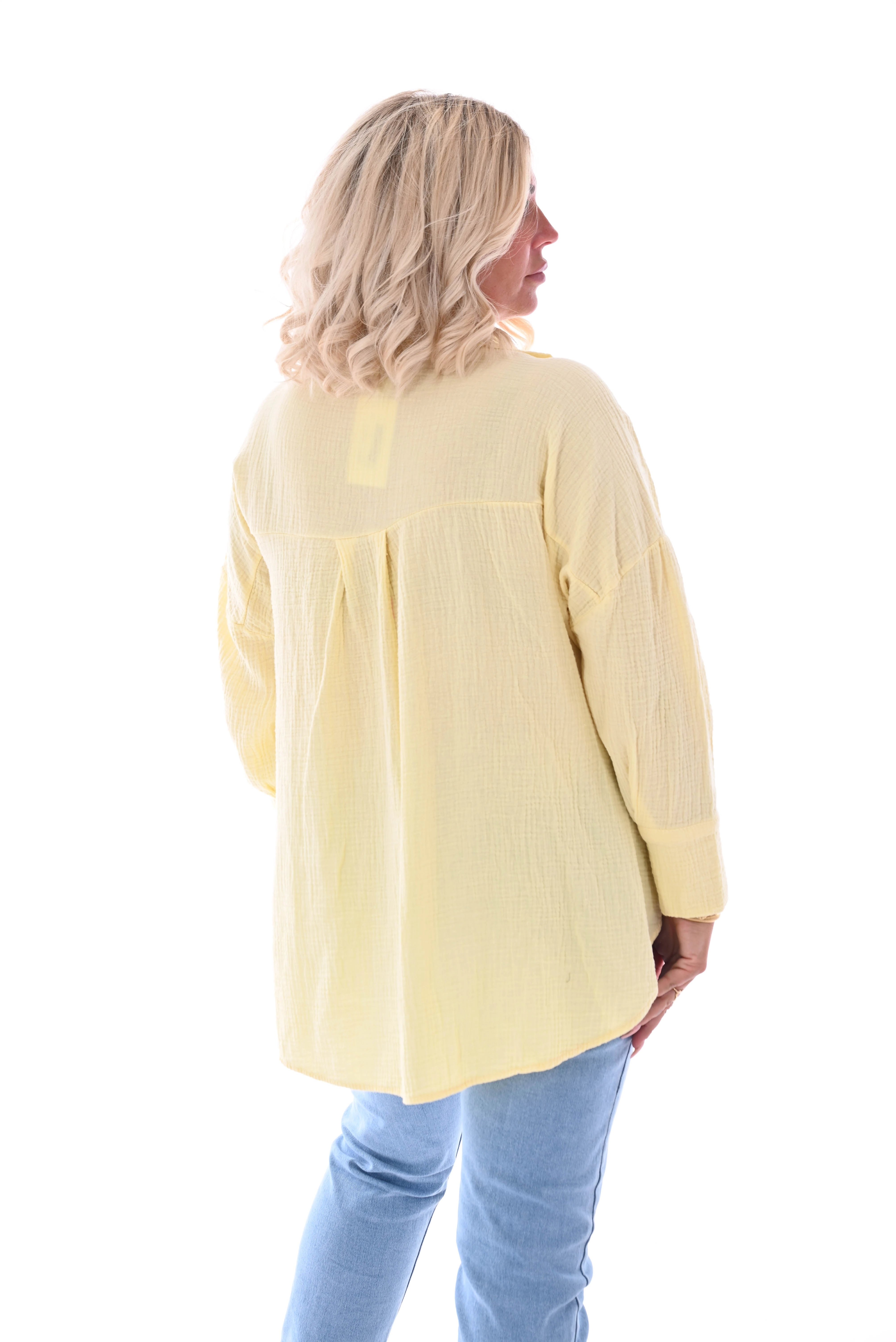 Wafel blouse v-hals applicatie geel