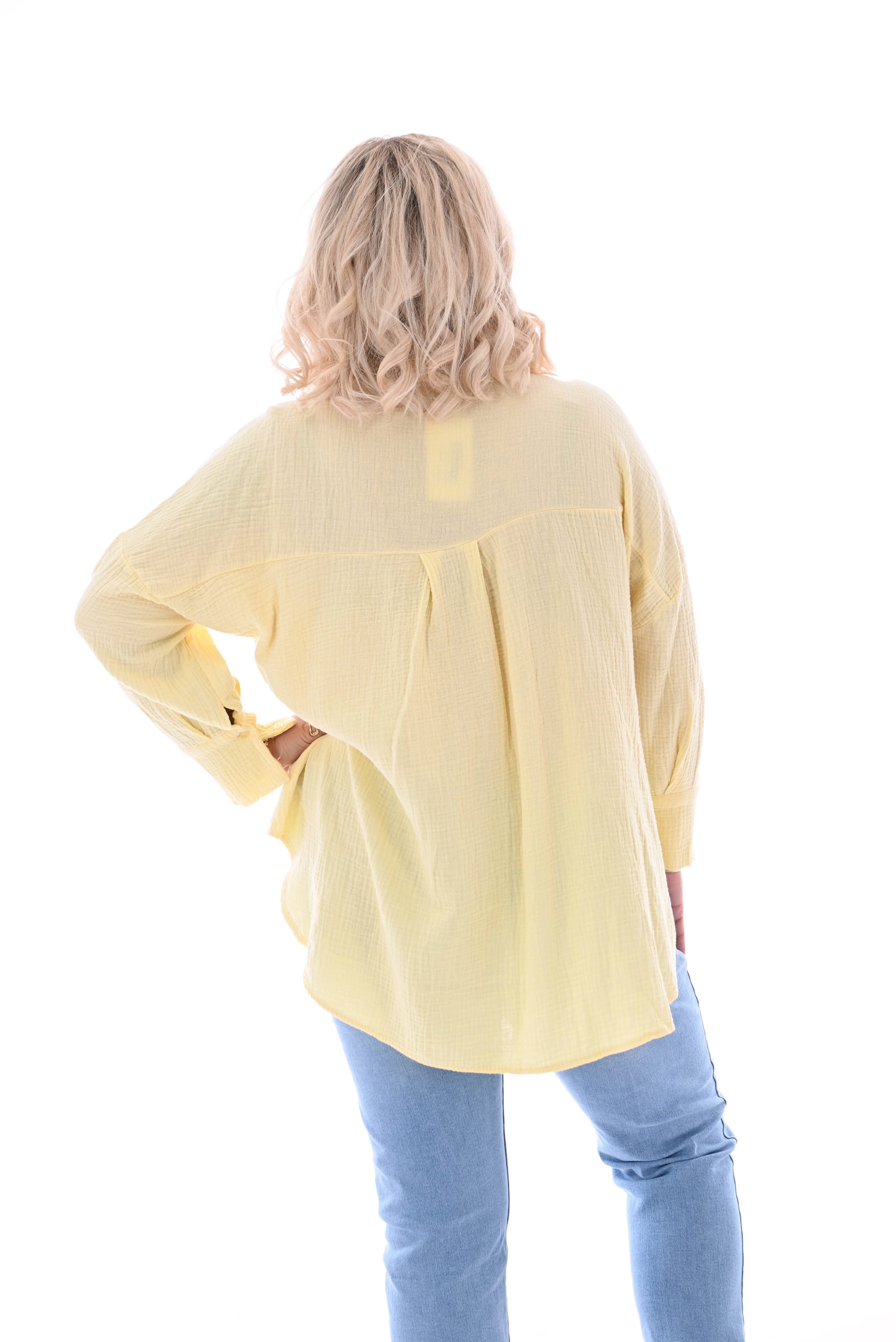 Wafel blouse v-hals applicatie geel