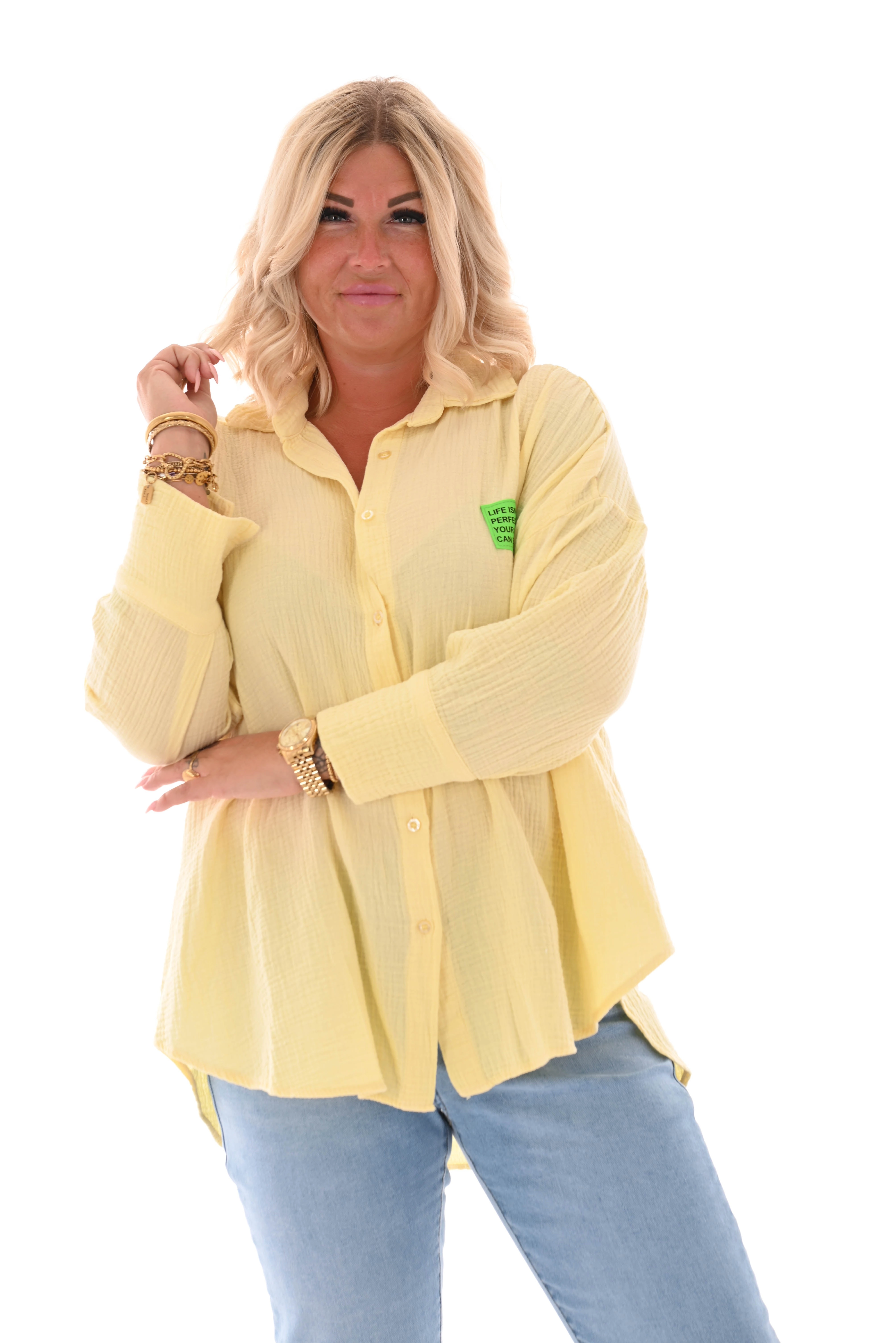 Wafel blouse v-hals applicatie geel