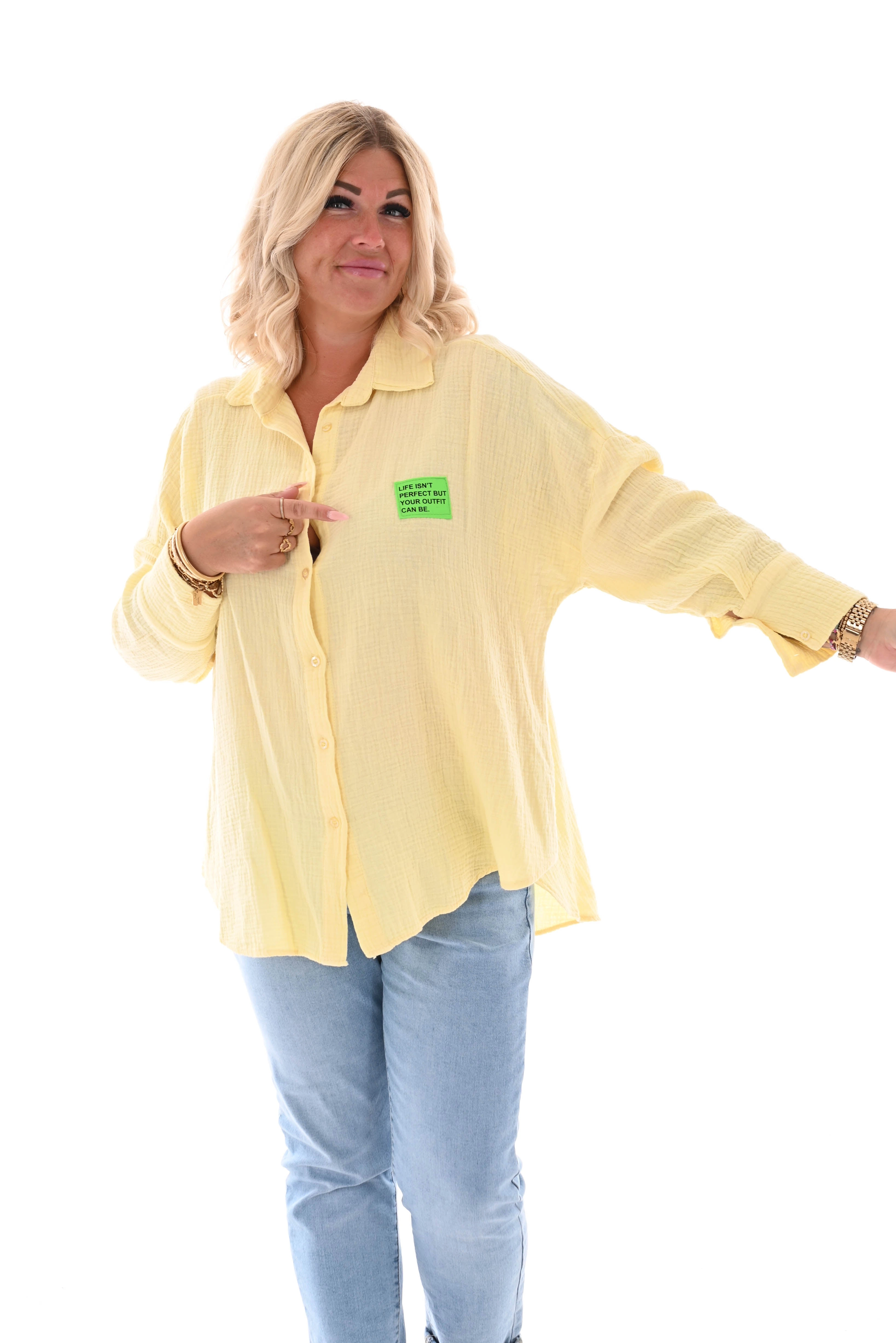 Wafel blouse v-hals applicatie geel