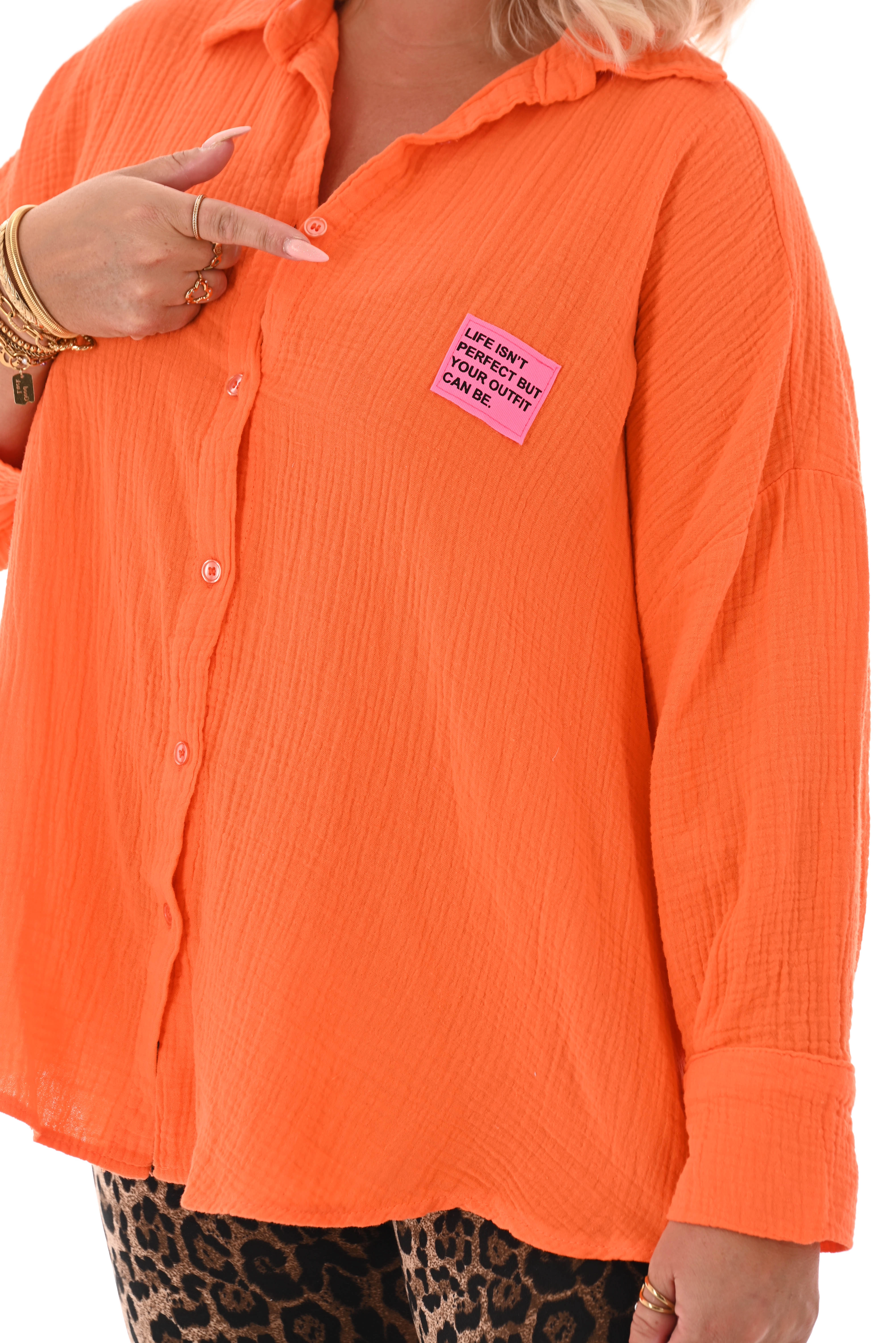 Wafel blouse v-hals applicatie oranje