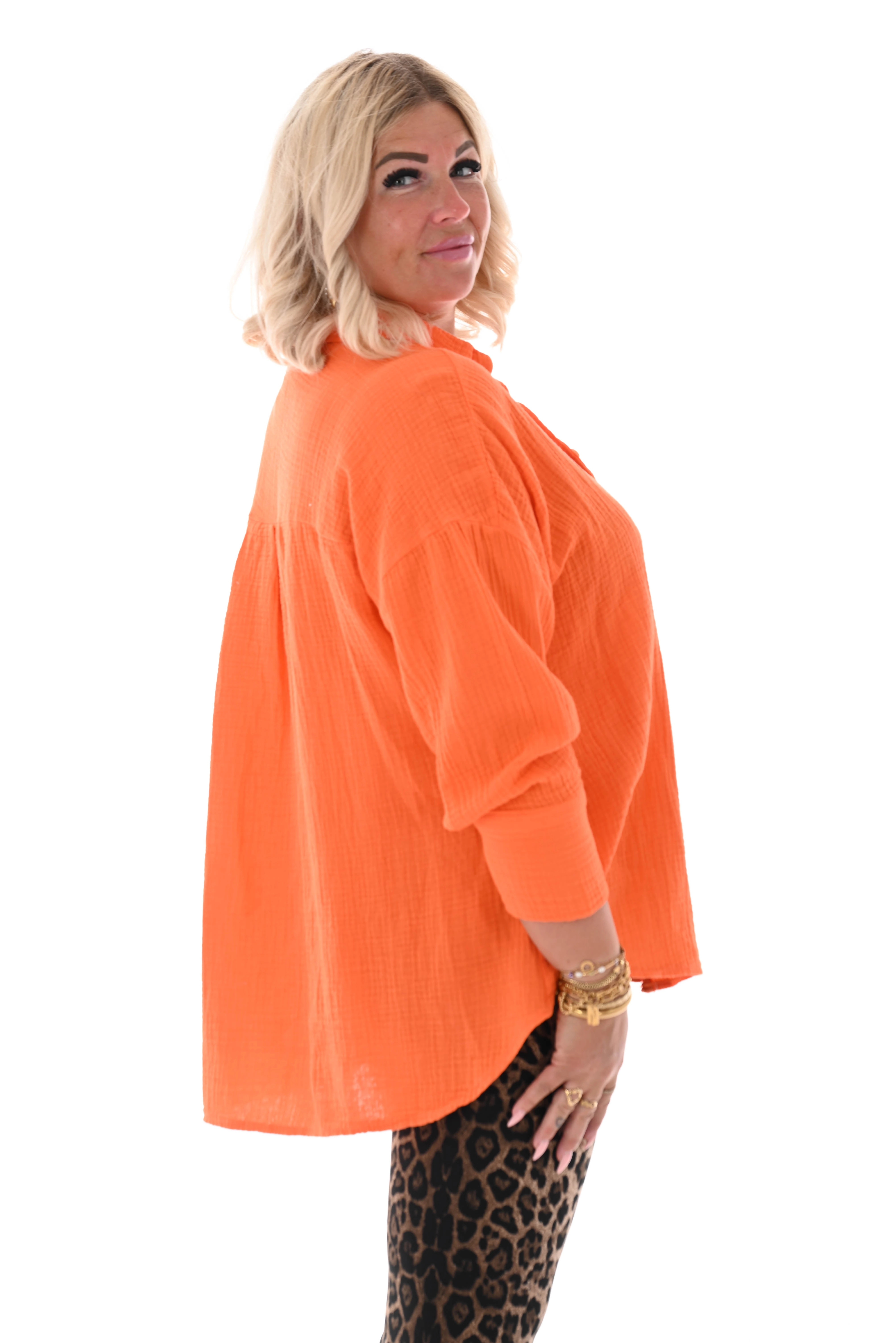 Wafel blouse v-hals applicatie oranje