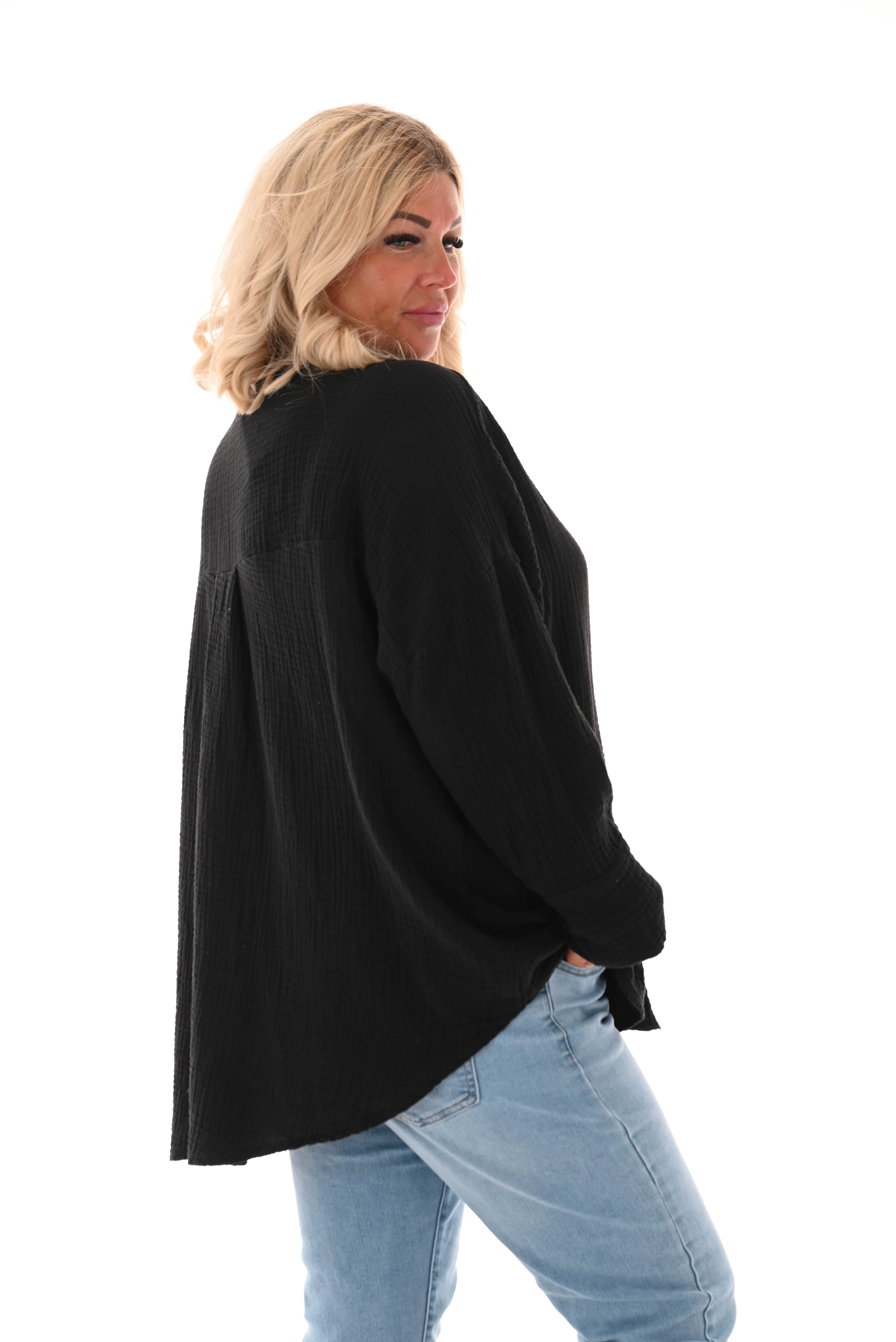 Wafel blouse v-hals applicatie zwart