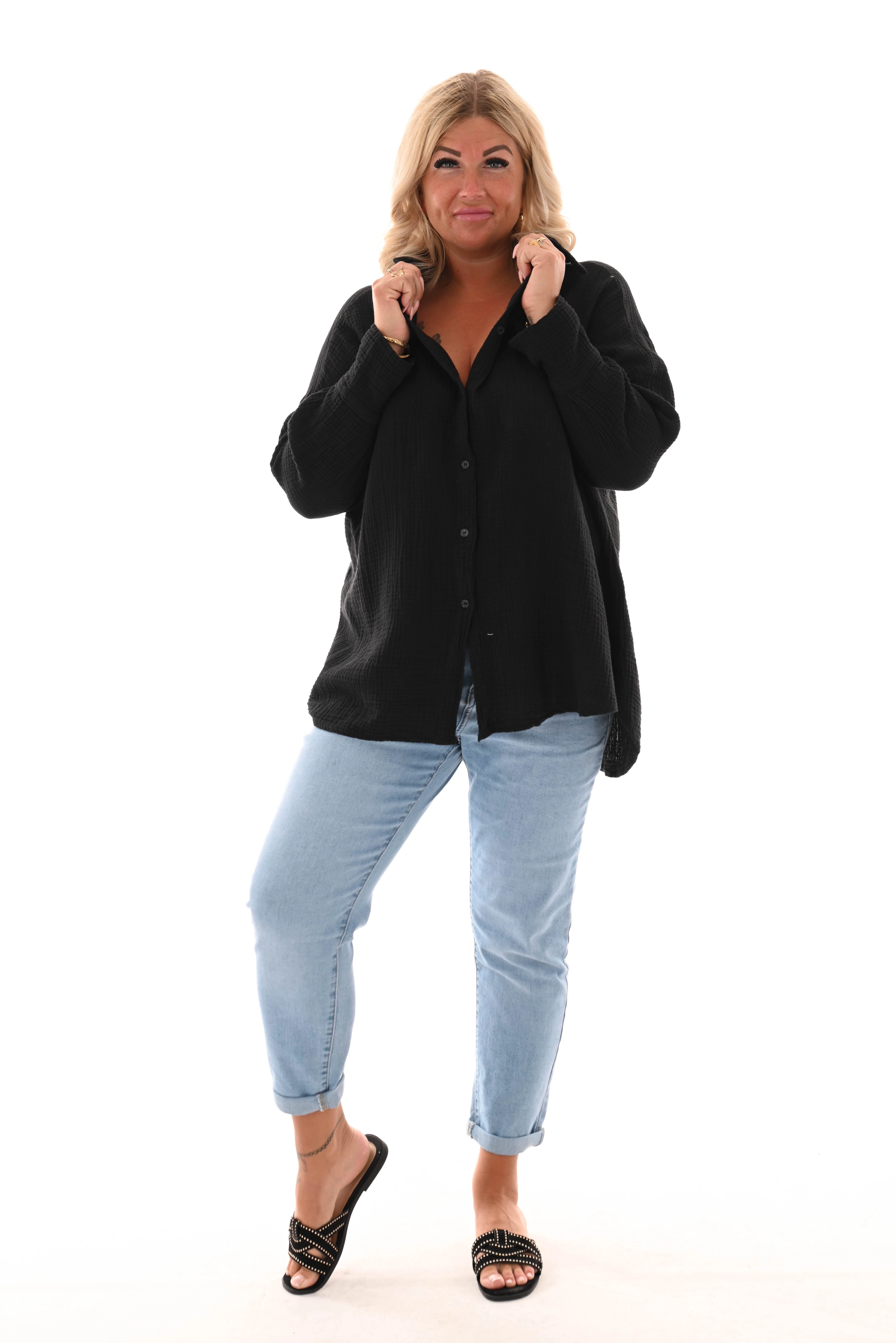 Wafel blouse v-hals applicatie zwart