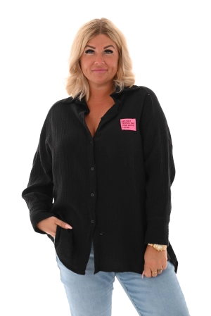 Wafel blouse v-hals applicatie zwart