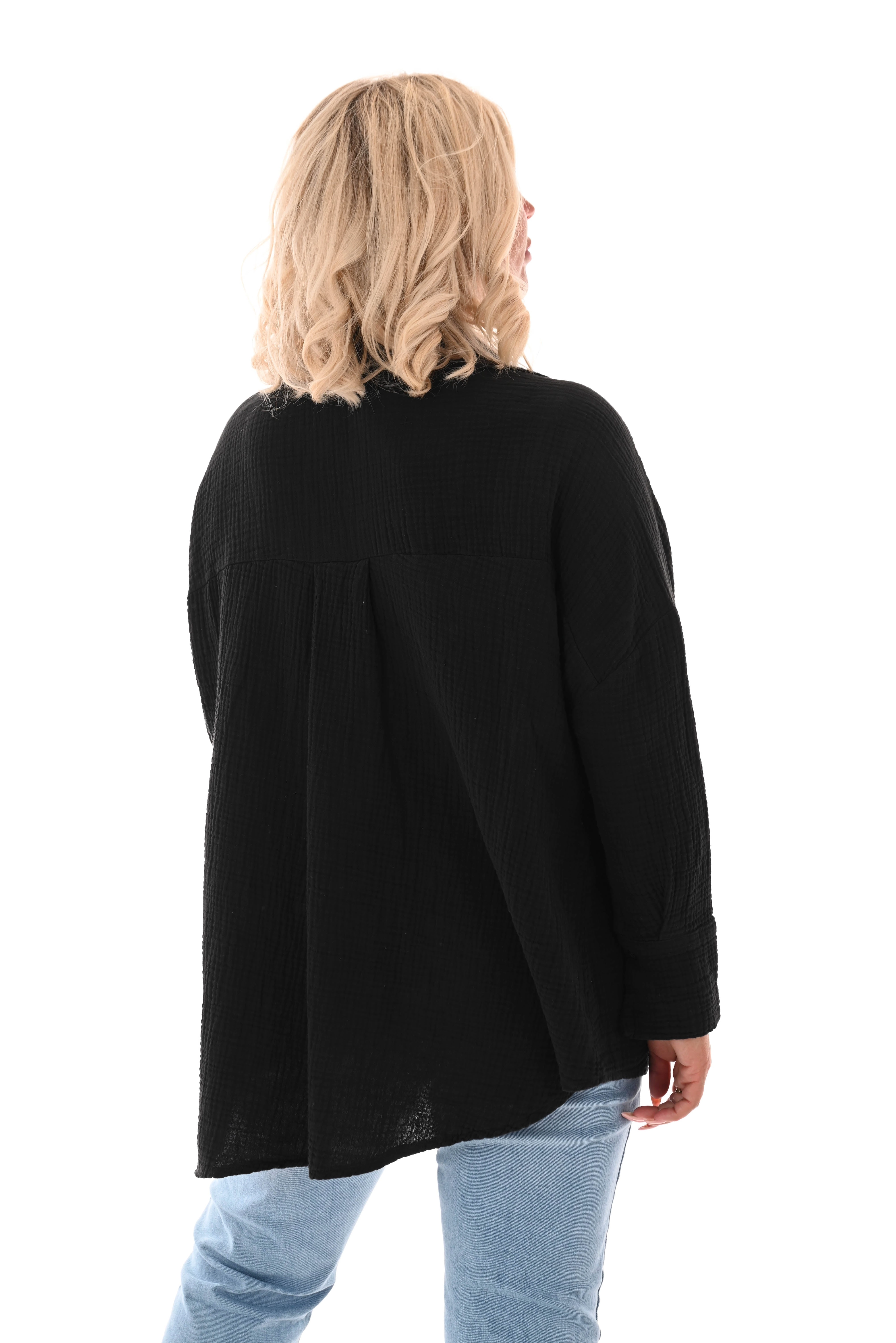 Wafel blouse v-hals applicatie zwart