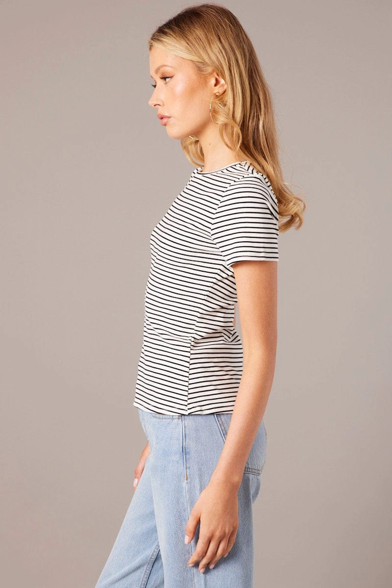 White Stripe Longline T Shirt Short Sleeve Crew Neck Rib Jersey