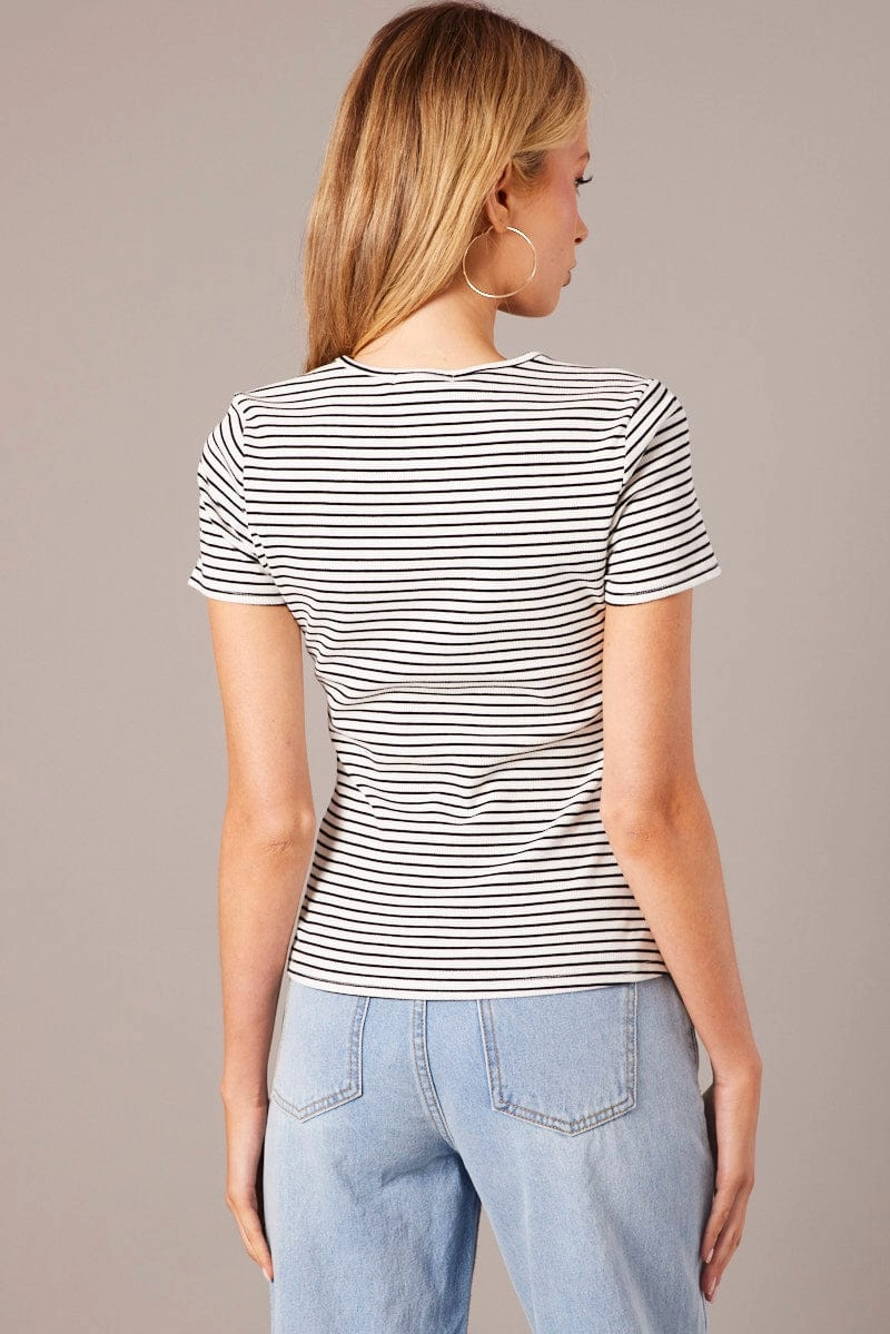 White Stripe Longline T Shirt Short Sleeve Crew Neck Rib Jersey