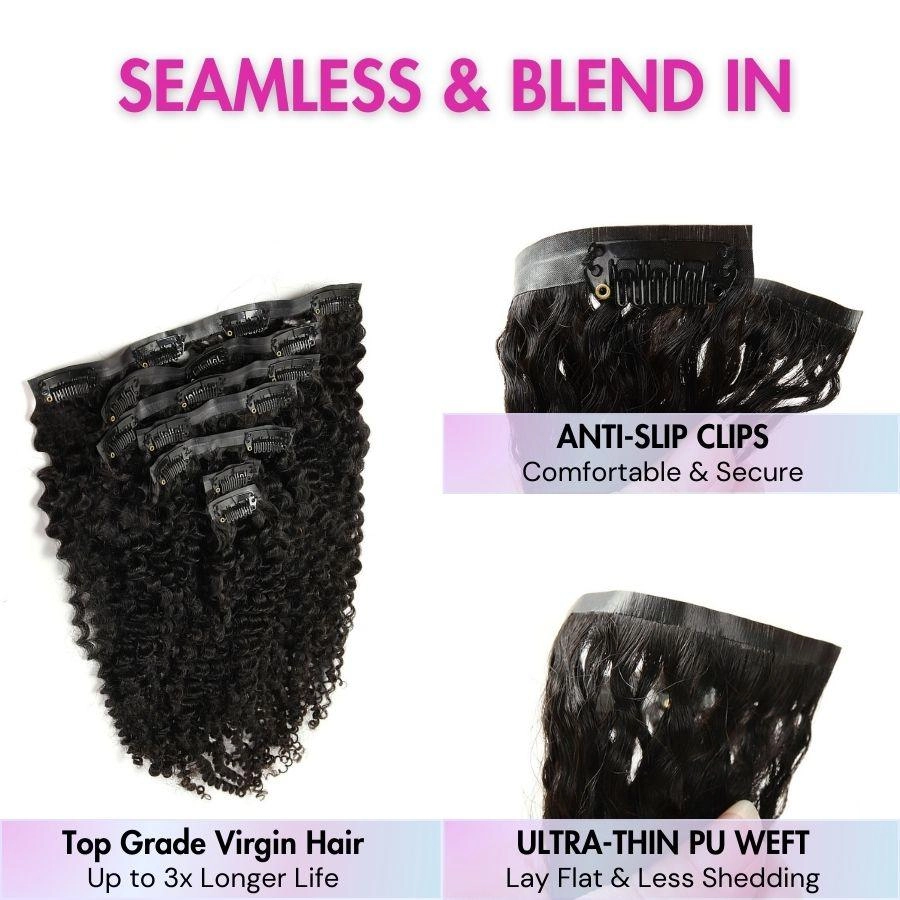 WOWANGEL Kinky Curly Seamless Clip Ins Hair Extensions